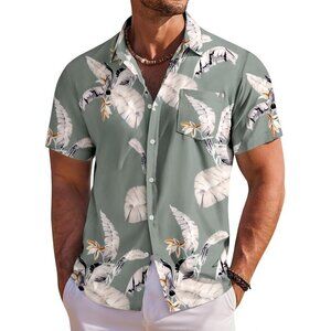 Men Green Hawaiian Short Sleeve Floral Button Down Shirts Tropical Beach Shirts
